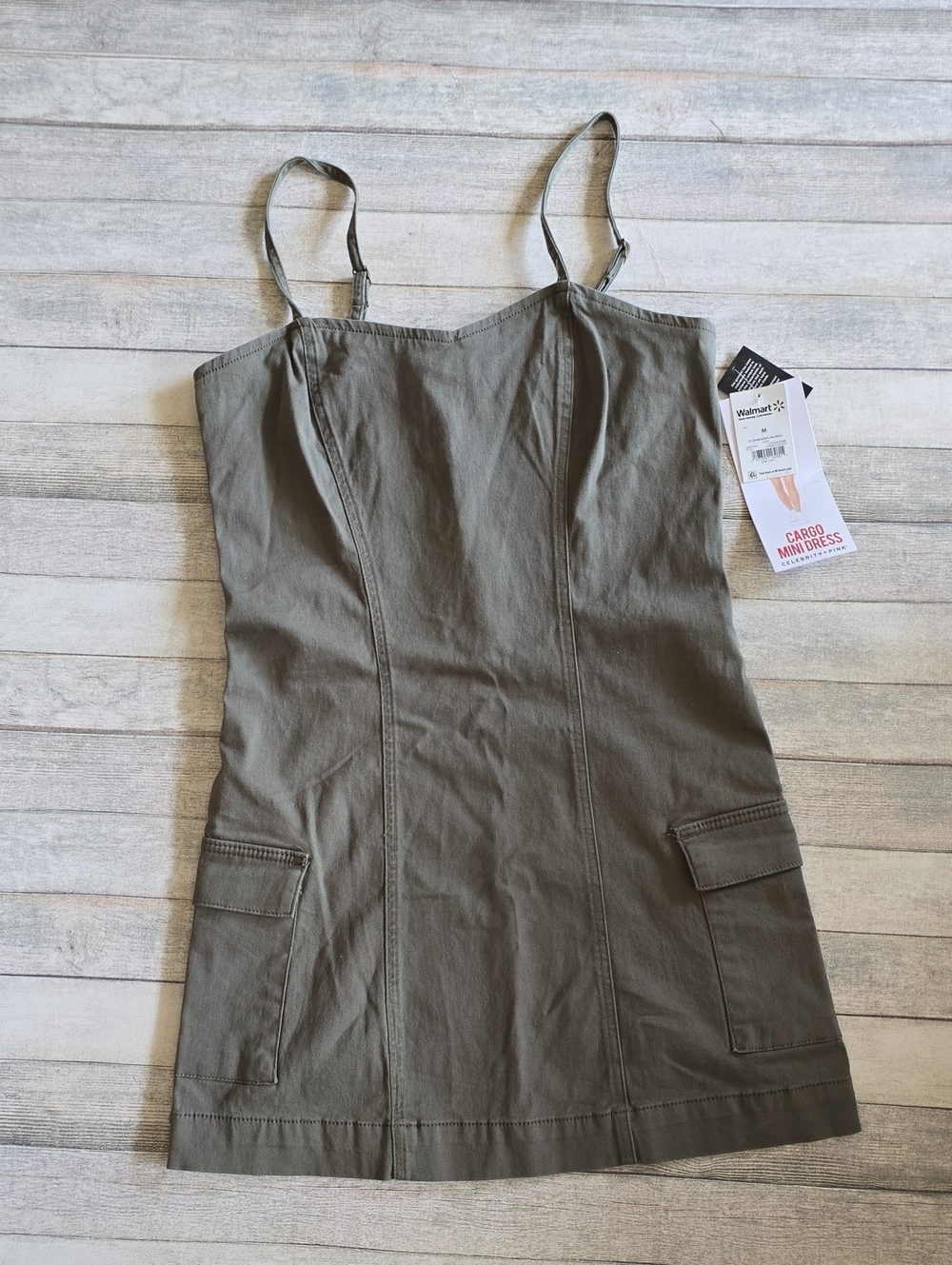 Celebrity Pink Olive Cargo Mini Dress Adjustable Spaghetti Straps Smocked Size M
